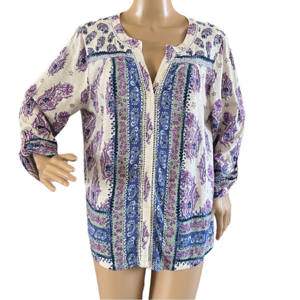 Style & Co Boho Paisley Mix Print Roll Tab Sleeve Tunic Top